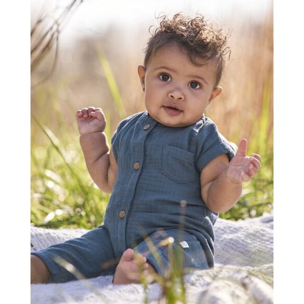 100% Organic Cotton Gauze blue Romper size 6M Short Sleeve Jumpsuit